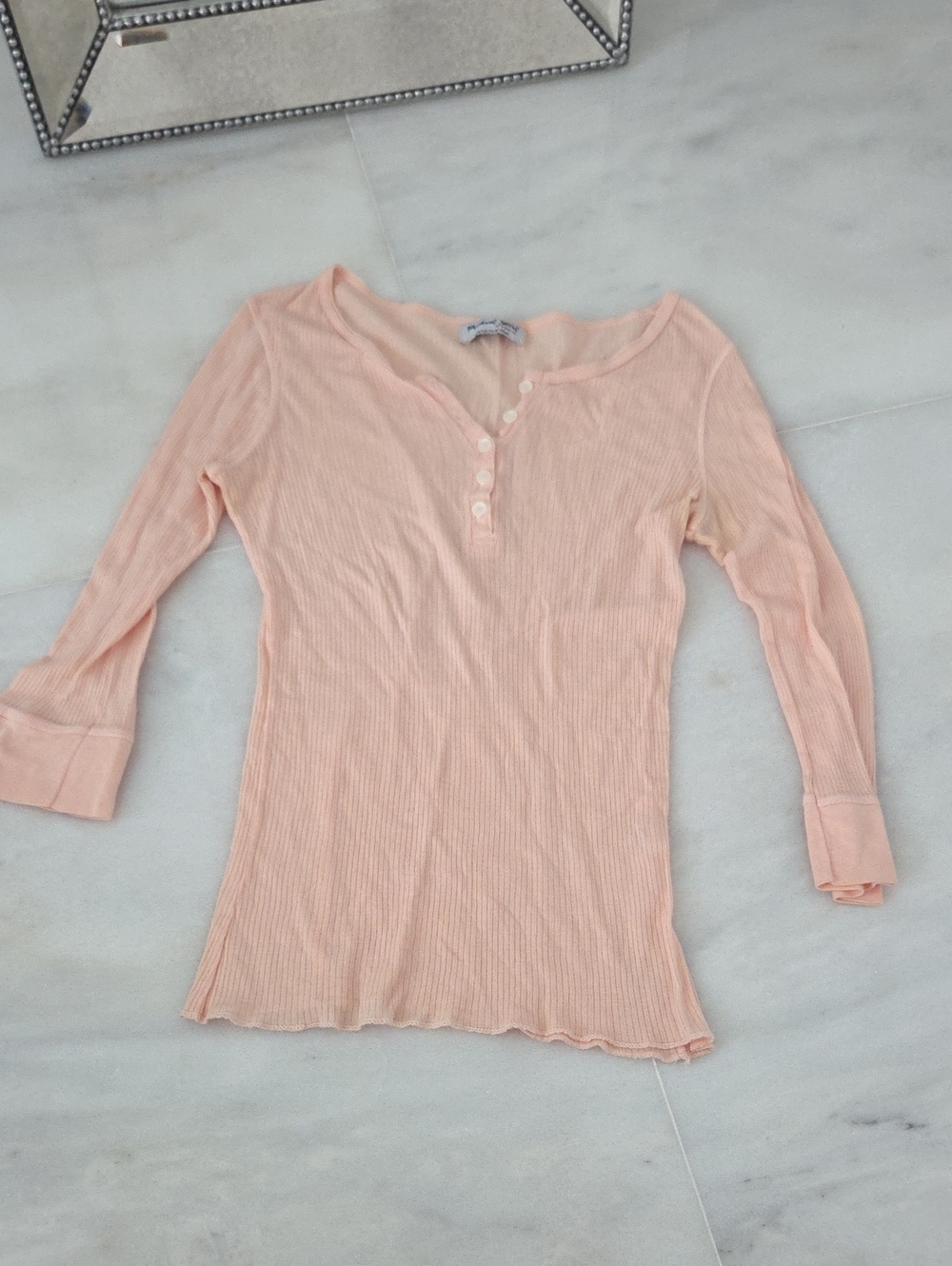 Michael Stars Peach Ribbed Henley Long Sleeve Top
